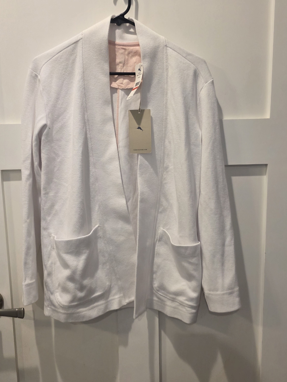 Tommy Bahama White Open-Front Cardigan with Pink Lining
